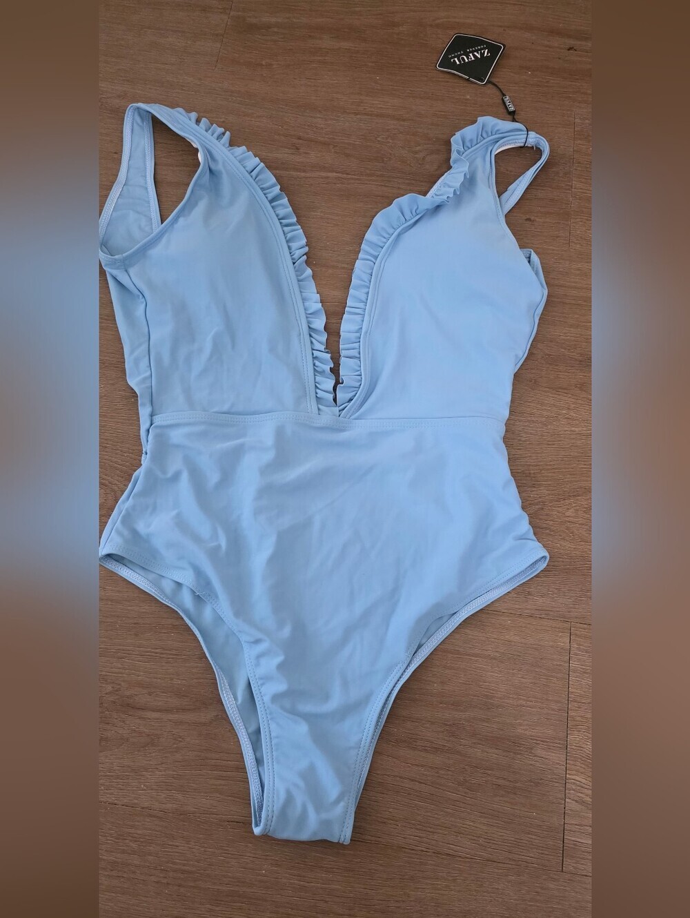 Zaful Light Blue Ruffle Plunge One-Piece Swimsuit
